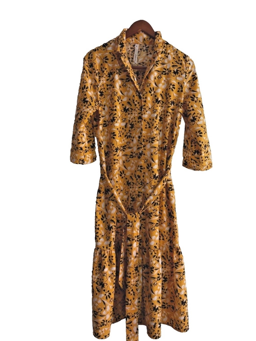 New York & Company Mustard Floral Satin Robe with Tie Belt